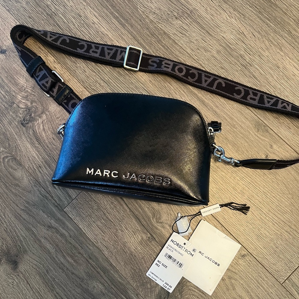 Marc Jacobs Black Leather Dome Crossbody with Branded Strap
